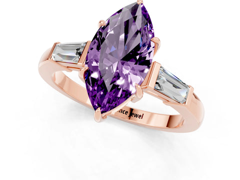 Rose gold Marquise Cut Cut Diamond Ring with Tapered Baguette Side Stones in Four-Prong Setting_1