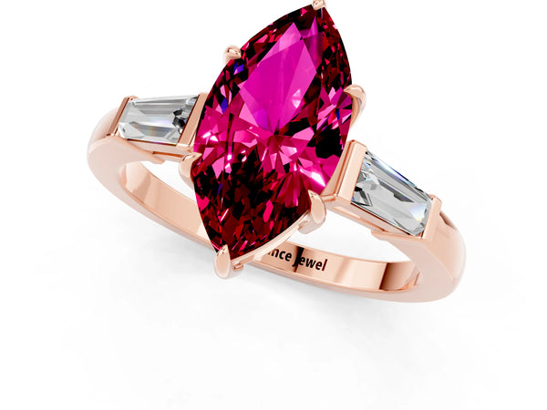Rose gold Marquise Cut Garnet Three-Stone Ring with Tapered Baguette Side Stones and Prong Setting