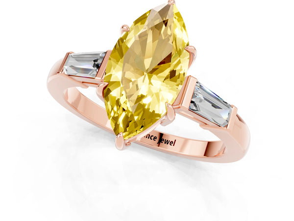 Rose gold Marquise Cut Yellow Sapphire Three-Stone Ring with Tapered Baguette Side Stones and Prong Setting