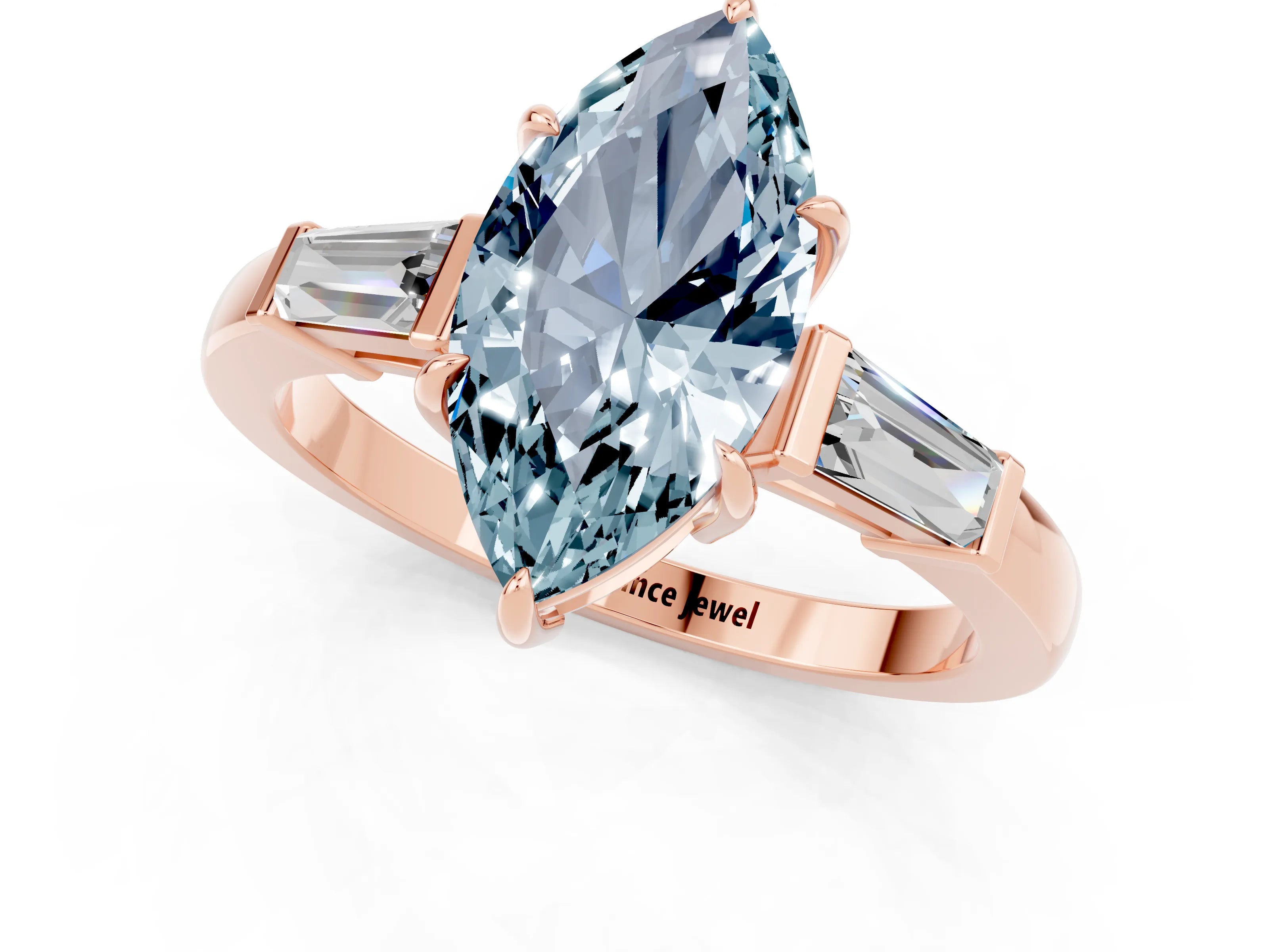 Rose gold Marquise Cut Cut Diamond Ring with Tapered Baguette Side Stones in Four-Prong Setting_1