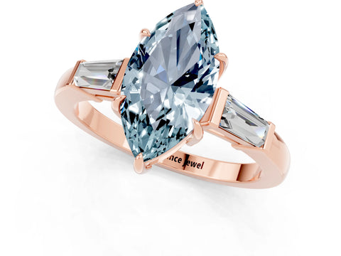 Rose gold Marquise Cut Cut Diamond Ring with Tapered Baguette Side Stones in Four-Prong Setting_1