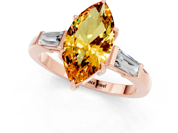 Rose gold Marquise Cut Citrine Three-Stone Ring with Tapered Baguette Side Stones and Prong Setting