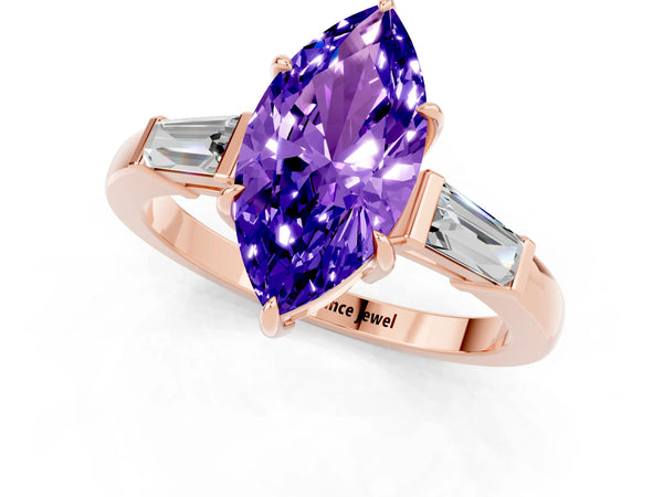 Rose gold Marquise Cut Tanzanite Three-Stone Ring with Tapered Baguette Side Stones and Prong Setting