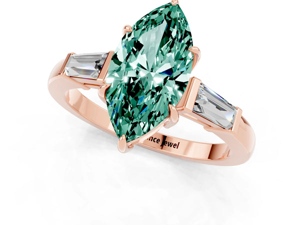Rose gold Marquise Cut Green Sapphire Three-Stone Ring with Tapered Baguette Side Stones and Prong Setting