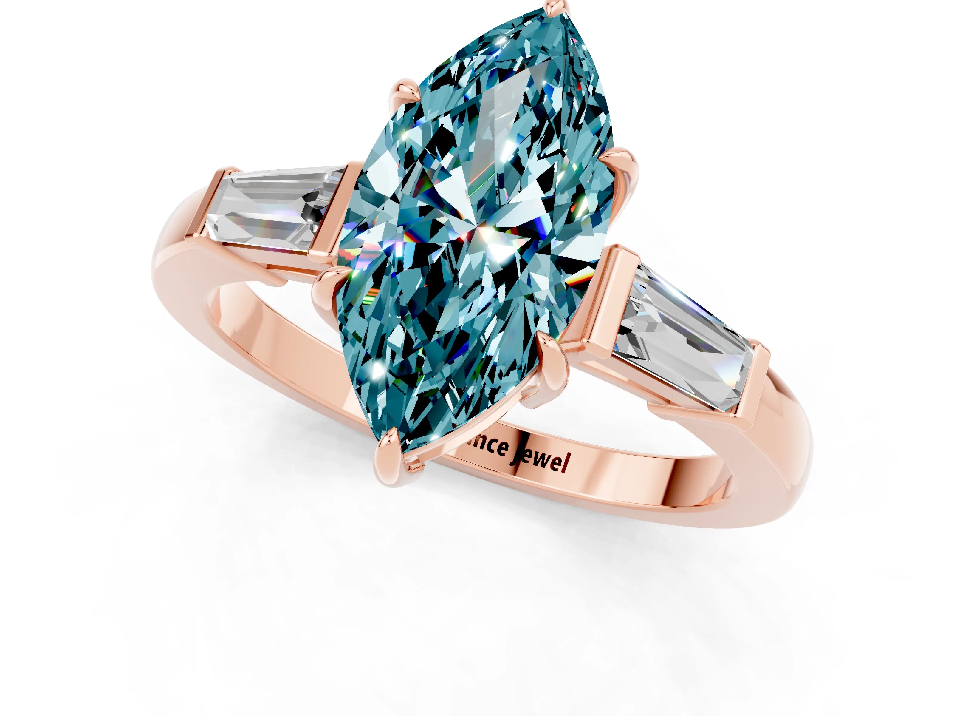 Rose gold Marquise Cut Cut Diamond Ring with Tapered Baguette Side Stones in Four-Prong Setting_1