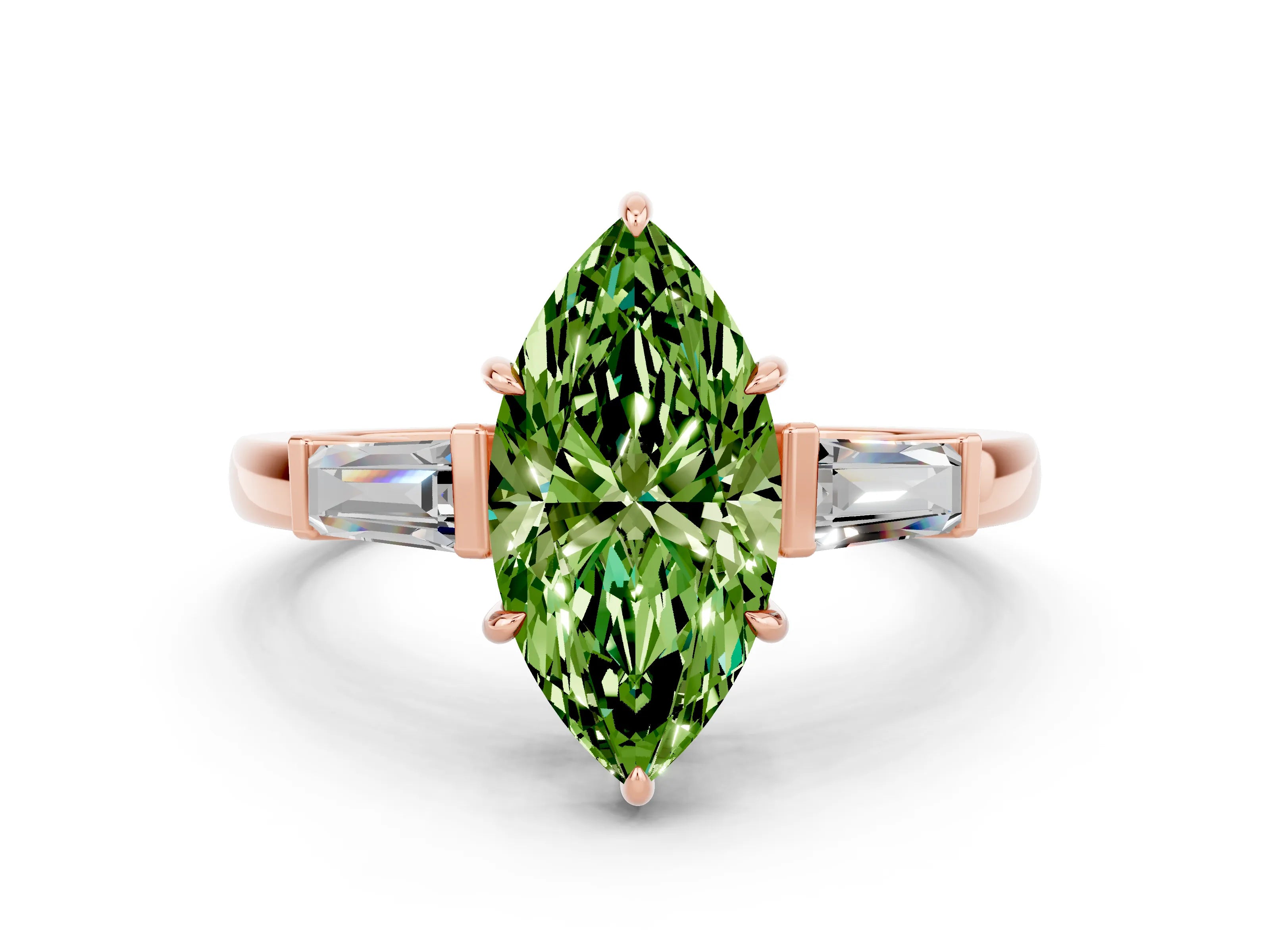 Rose gold Marquise Cut Cut Diamond Ring with Tapered Baguette Side Stones in Four-Prong Setting