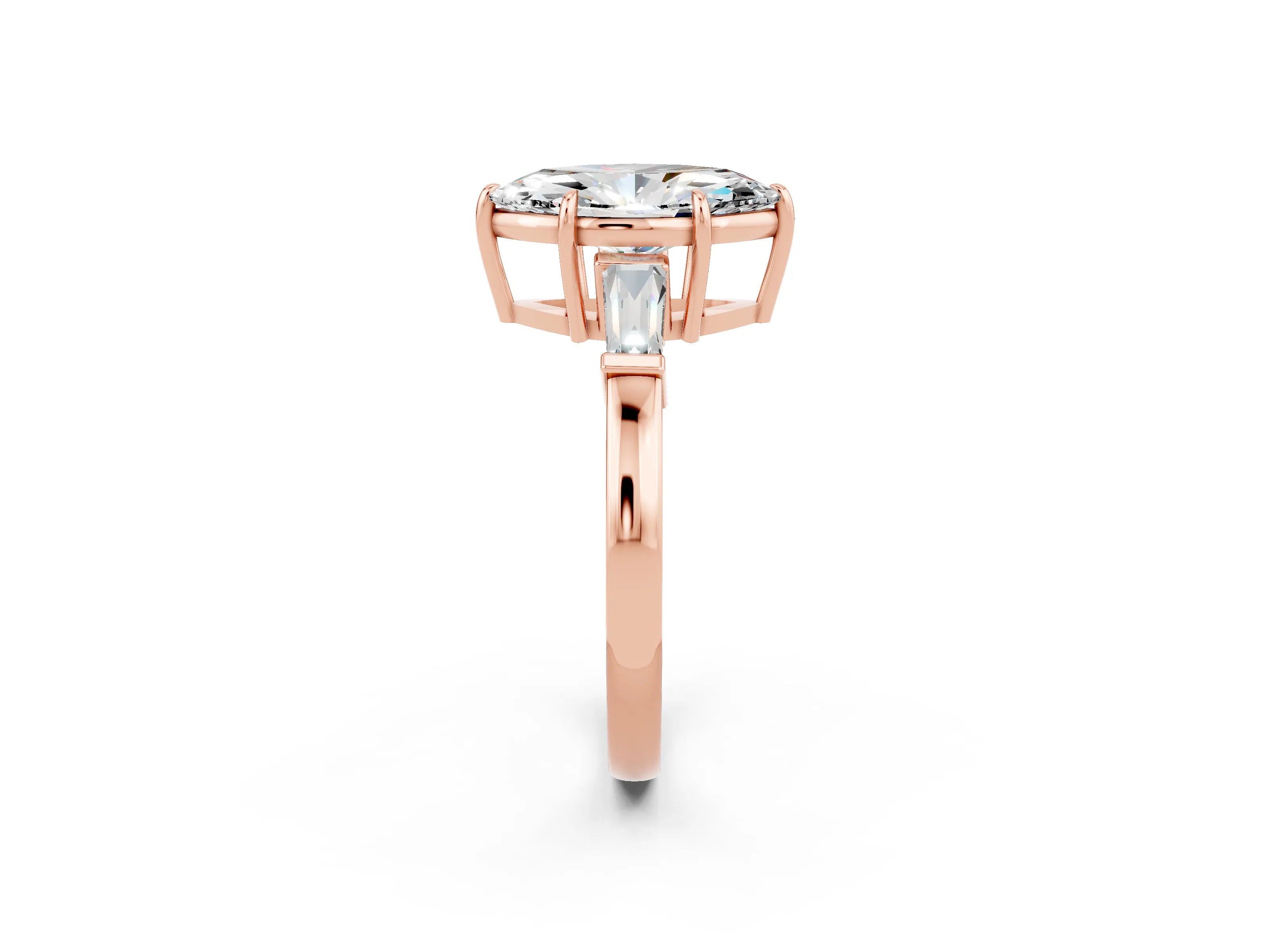 Rose gold Marquise Cut Cut Diamond Ring with Tapered Baguette Side Stones in Four-Prong Setting_2