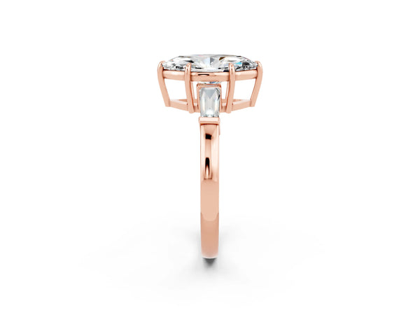Rose gold Marquise Cut Moissanite Three-Stone Ring with Tapered Baguette Side Stones and Prong Setting