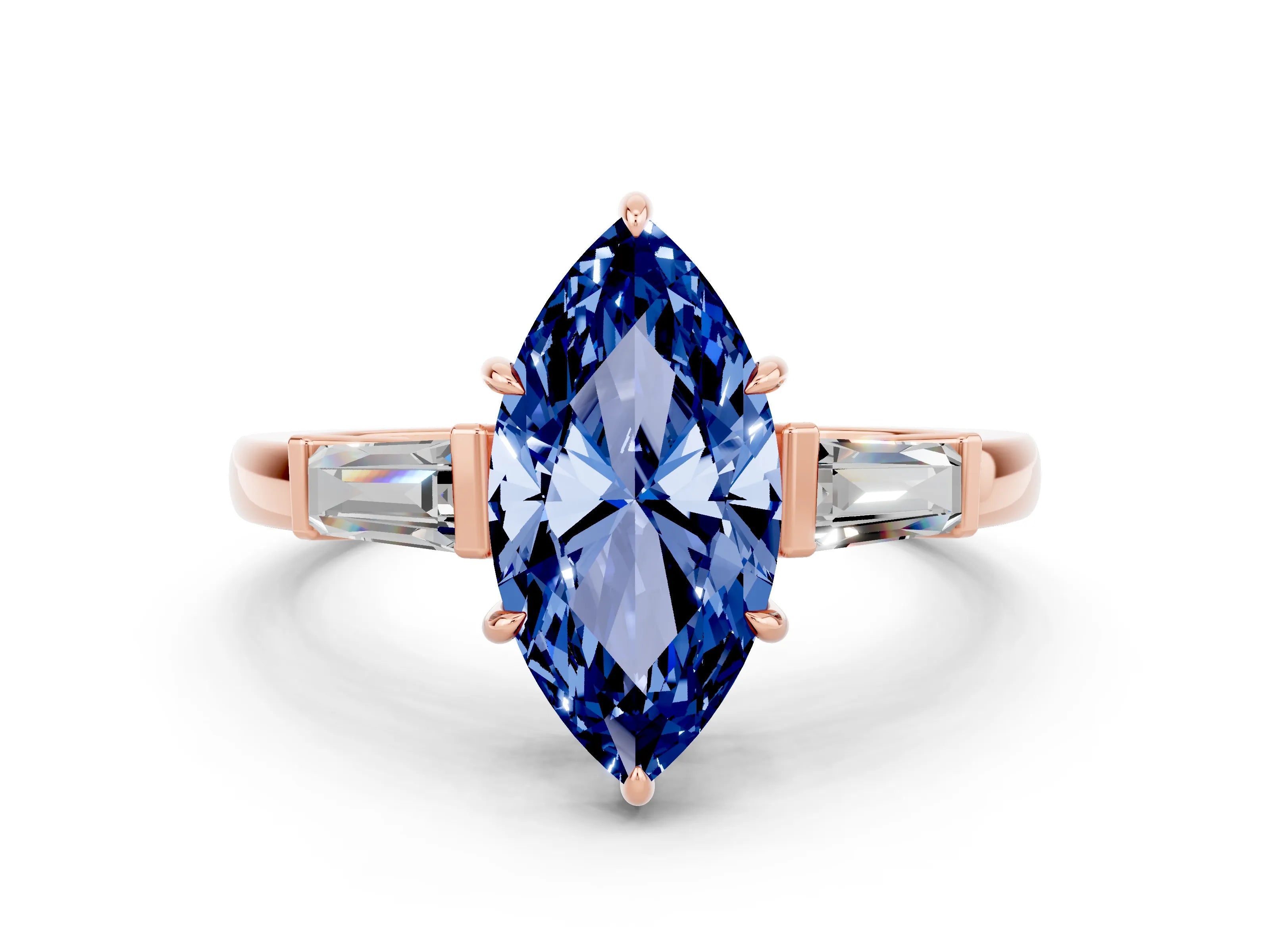 Rose gold Marquise Cut Cut Diamond Ring with Tapered Baguette Side Stones in Four-Prong Setting