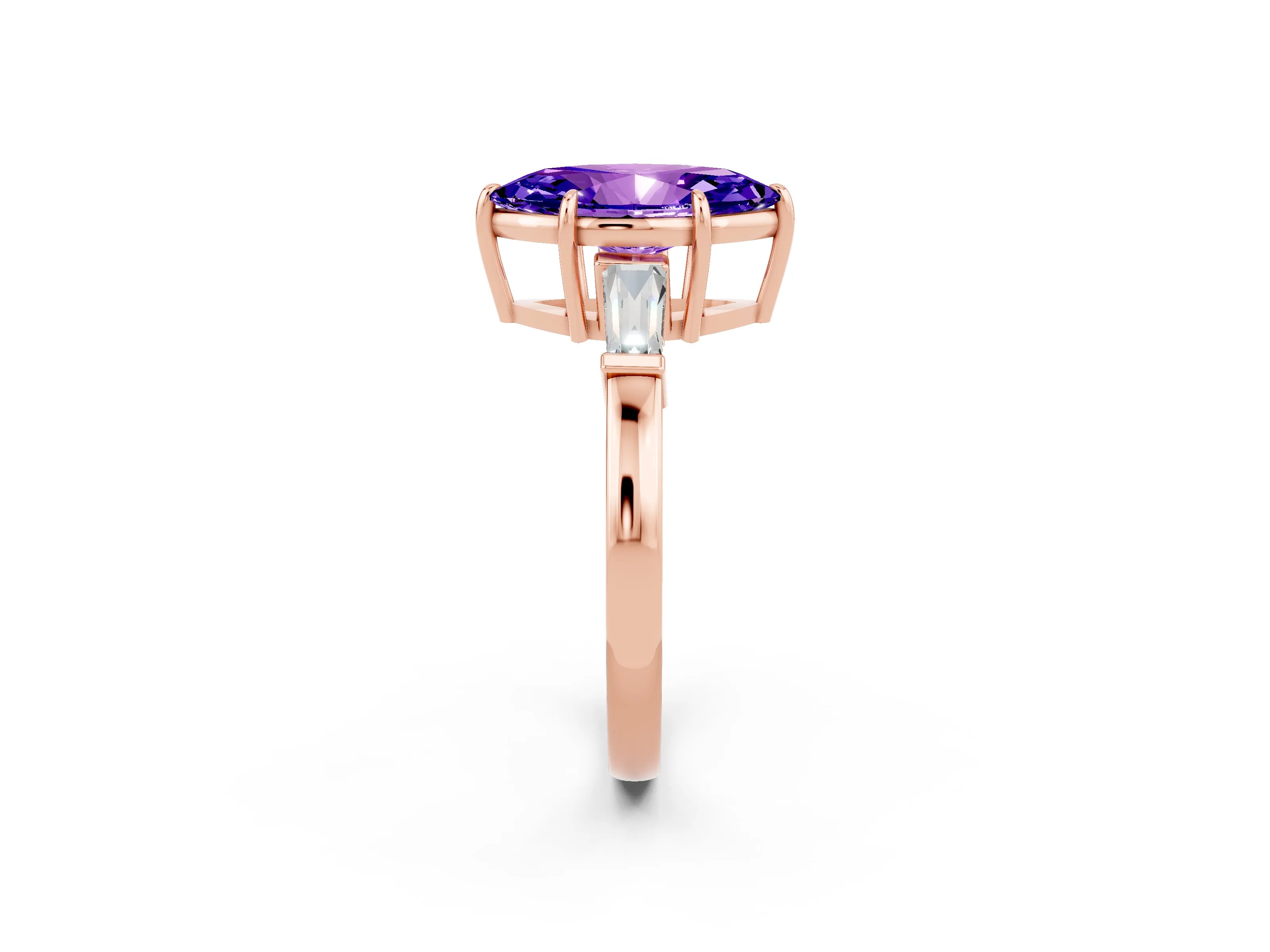 Rose gold Marquise Cut Cut Diamond Ring with Tapered Baguette Side Stones in Four-Prong Setting_2