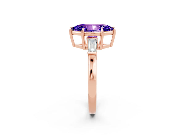 Rose gold Marquise Cut Tanzanite Three-Stone Ring with Tapered Baguette Side Stones and Prong Setting