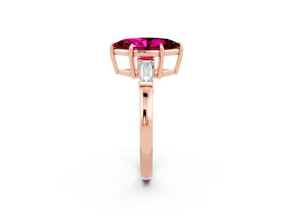 Rose gold Marquise Cut Garnet Three-Stone Ring with Tapered Baguette Side Stones and Prong Setting