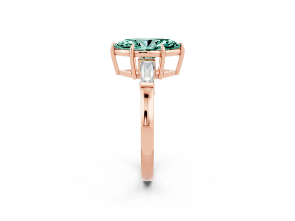 Rose gold Marquise Cut Green Sapphire Three-Stone Ring with Tapered Baguette Side Stones and Prong Setting