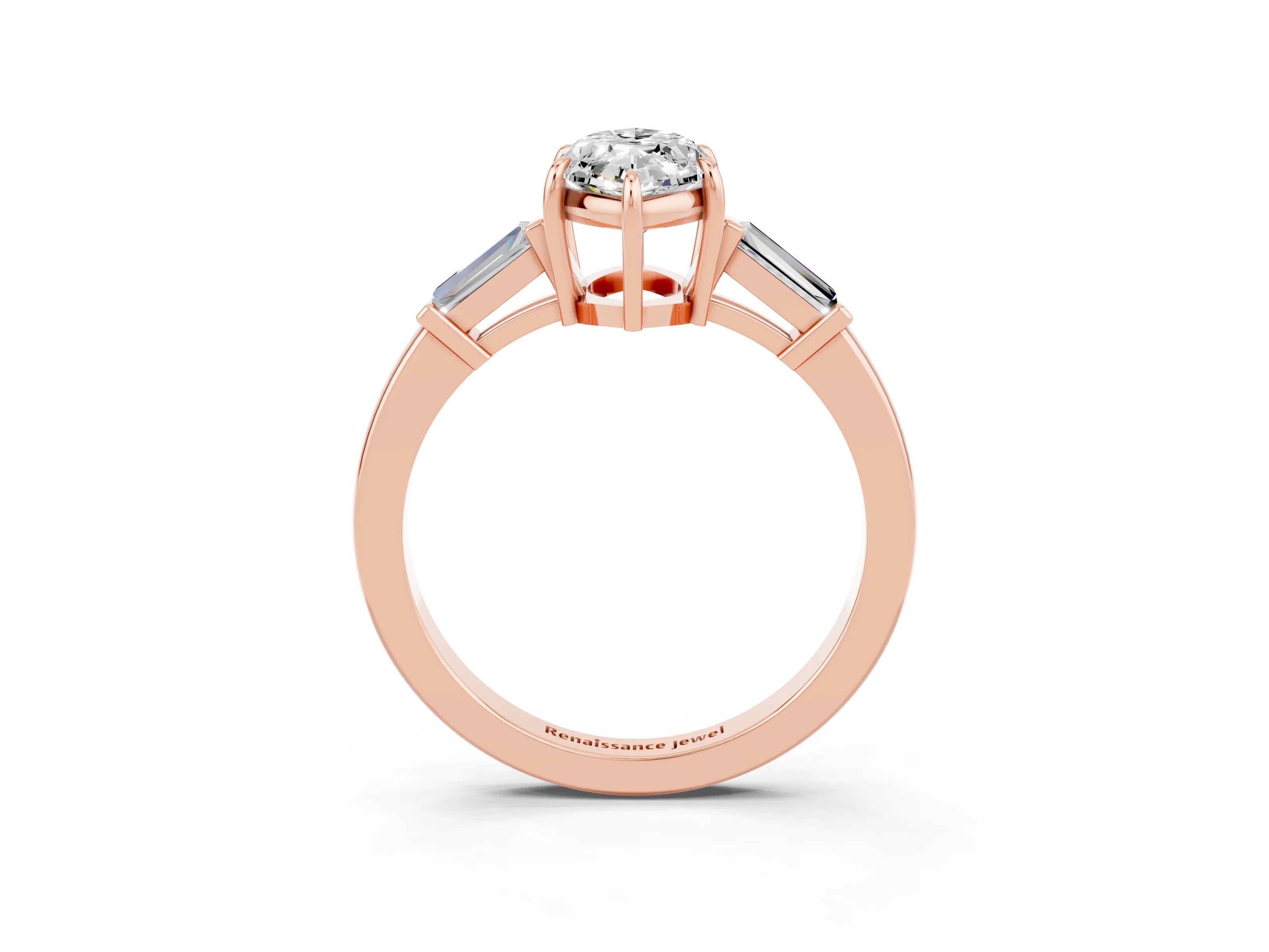 Rose gold Marquise Cut Cut Diamond Ring with Tapered Baguette Side Stones in Four-Prong Setting_3