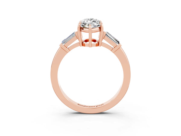 Rose gold Marquise Cut Moissanite Three-Stone Ring with Tapered Baguette Side Stones and Prong Setting