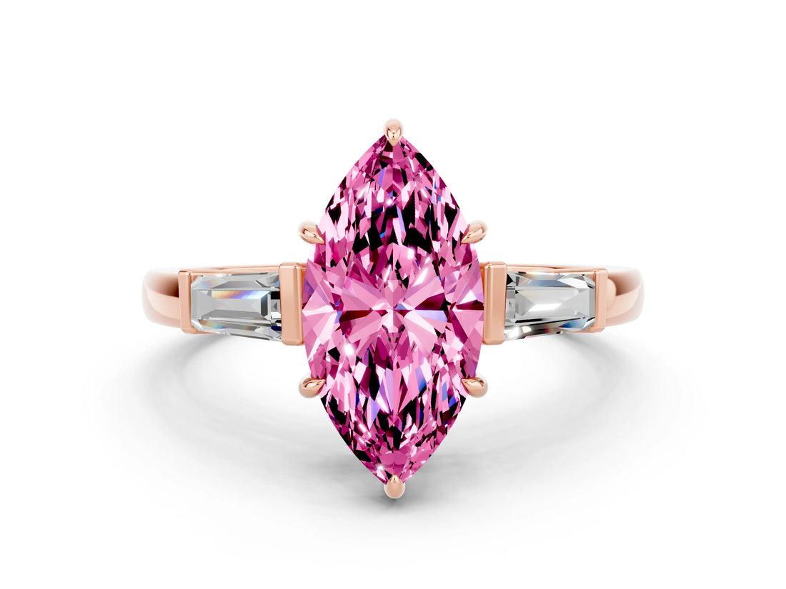 Rose gold Marquise Cut Cut Diamond Ring with Tapered Baguette Side Stones in Four-Prong Setting