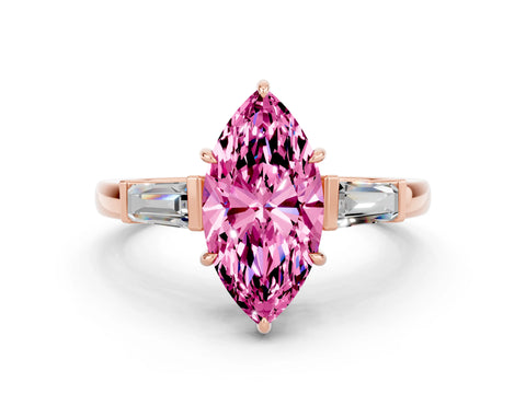 Rose gold Marquise Cut Cut Diamond Ring with Tapered Baguette Side Stones in Four-Prong Setting