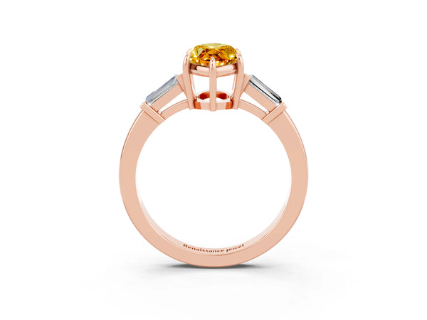 Rose gold Marquise Cut Citrine Three-Stone Ring with Tapered Baguette Side Stones and Prong Setting