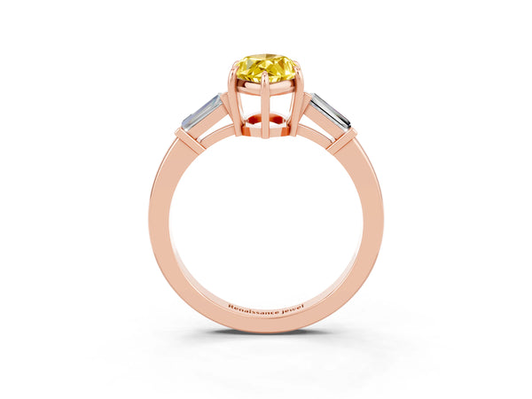 Rose gold Marquise Cut Yellow Sapphire Three-Stone Ring with Tapered Baguette Side Stones and Prong Setting