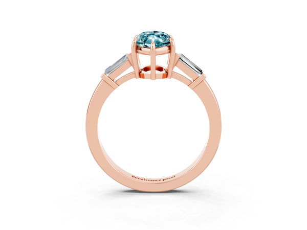 Rose gold Marquise Cut Cut Diamond Ring with Tapered Baguette Side Stones in Four-Prong Setting