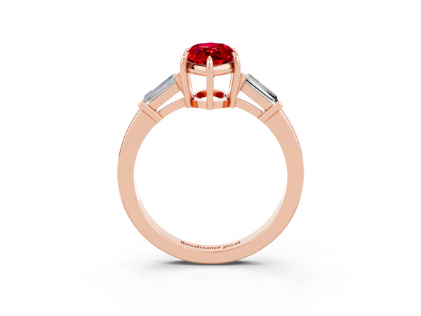 Rose gold Marquise Cut Cut Diamond Ring with Tapered Baguette Side Stones in Four-Prong Setting