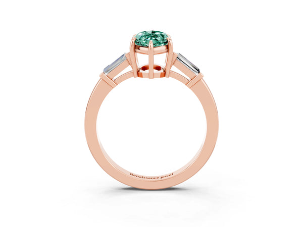 Rose gold Marquise Cut Green Sapphire Three-Stone Ring with Tapered Baguette Side Stones and Prong Setting