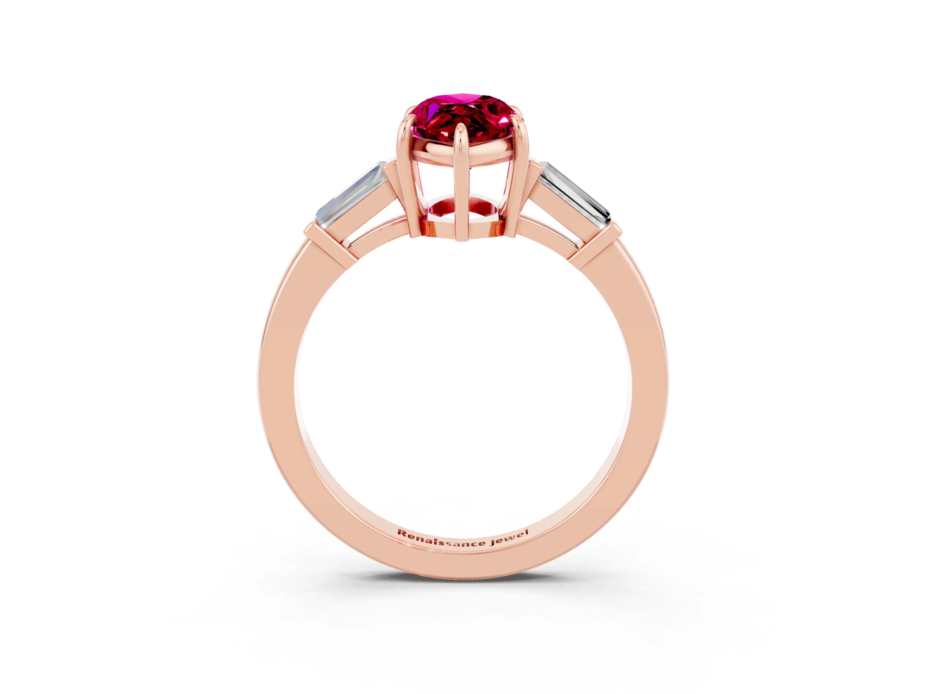 Rose gold Marquise Cut Cut Diamond Ring with Tapered Baguette Side Stones in Four-Prong Setting_3