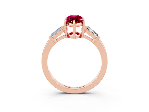 Rose gold Marquise Cut Garnet Three-Stone Ring with Tapered Baguette Side Stones and Prong Setting