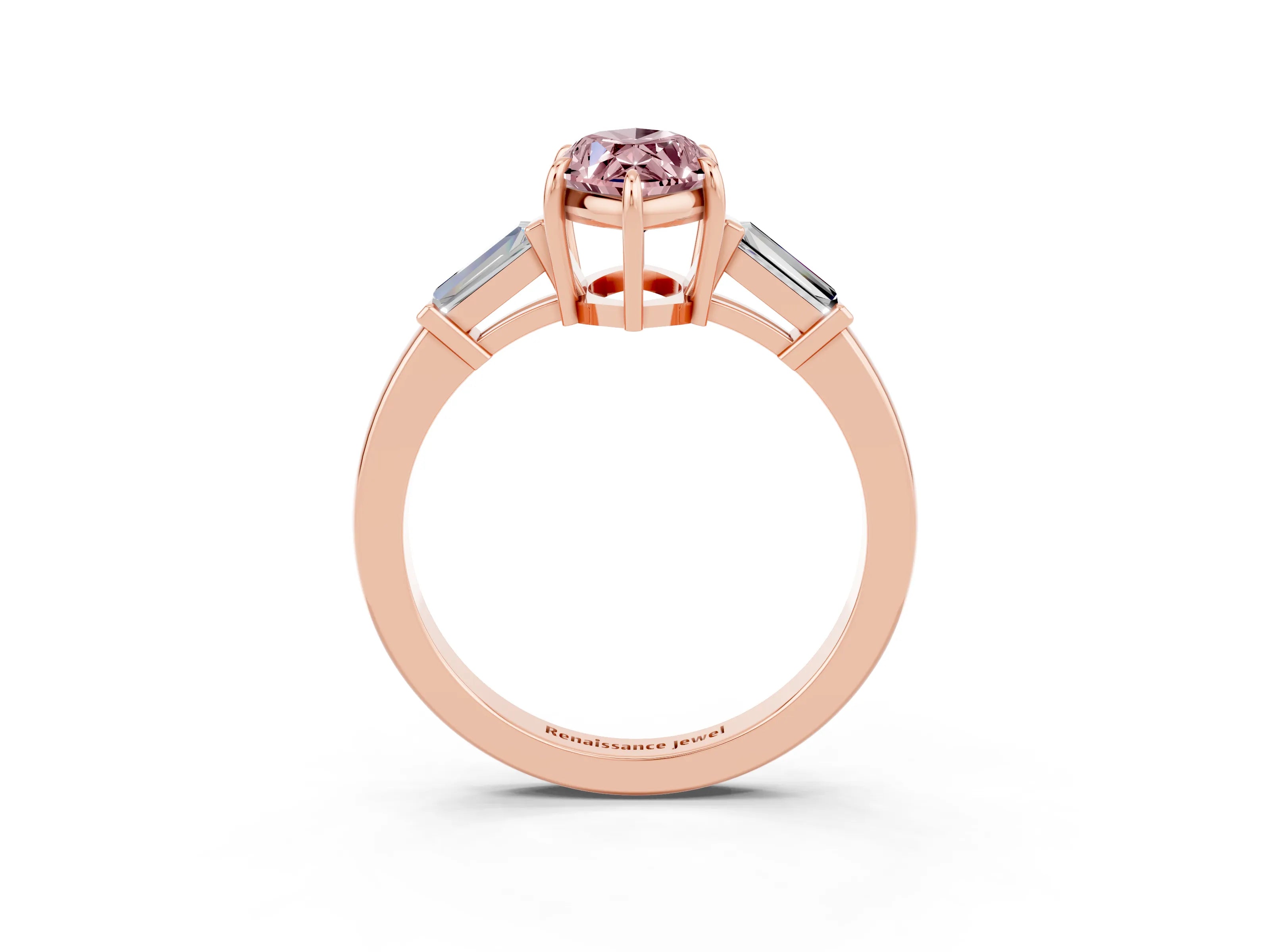 Rose gold Marquise Cut Cut Diamond Ring with Tapered Baguette Side Stones in Four-Prong Setting_3