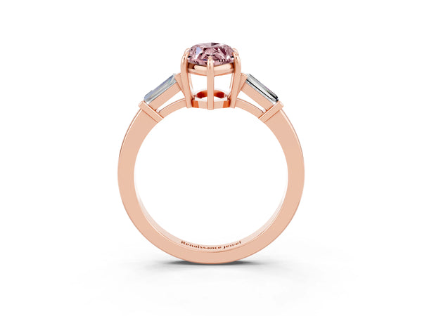 Rose gold Marquise Cut Cut Diamond Ring with Tapered Baguette Side Stones in Four-Prong Setting