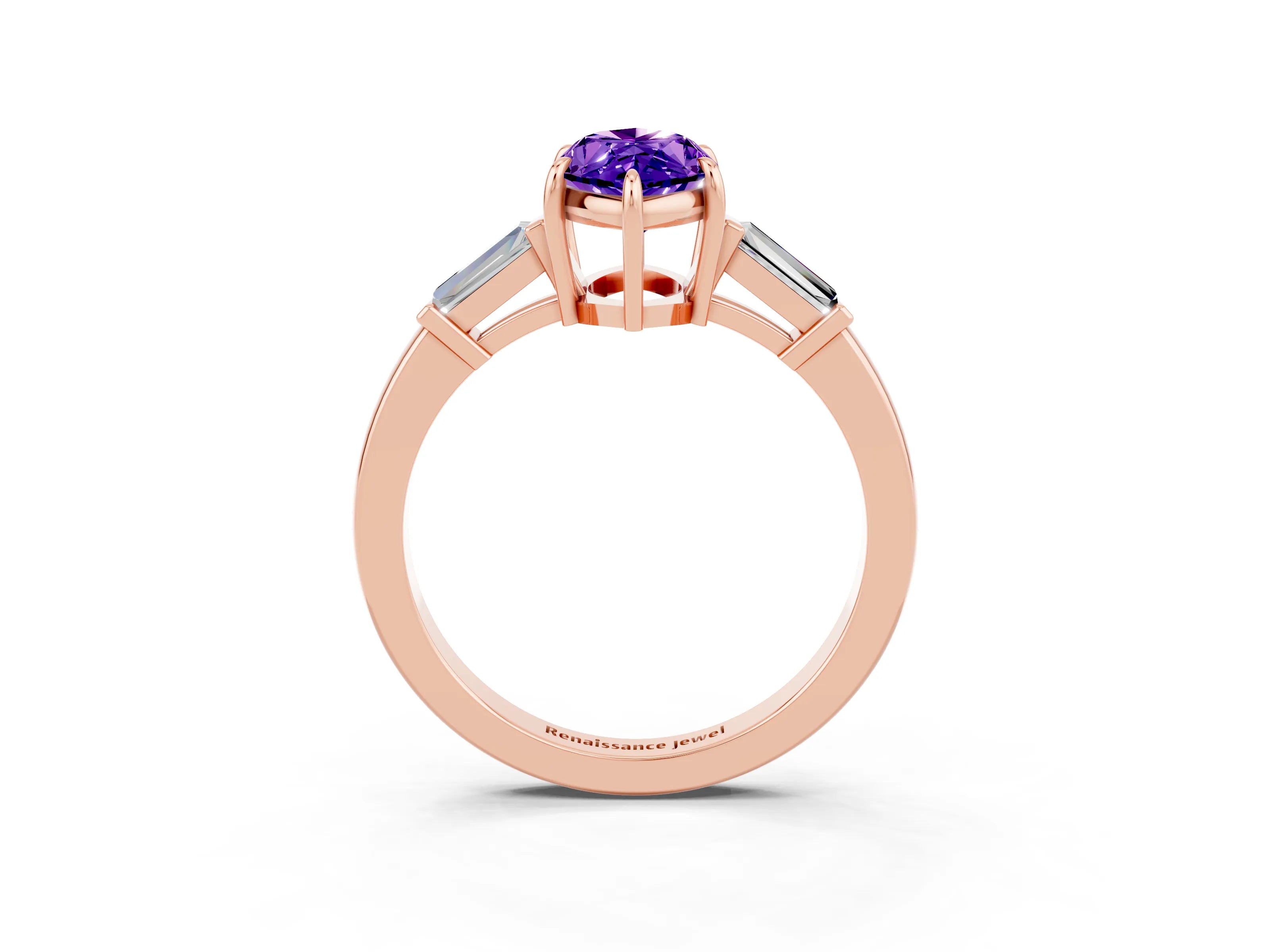 Rose gold Marquise Cut Cut Diamond Ring with Tapered Baguette Side Stones in Four-Prong Setting_3