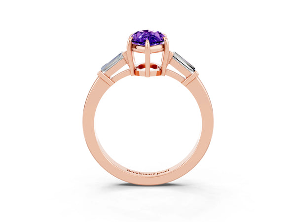 Rose gold Marquise Cut Tanzanite Three-Stone Ring with Tapered Baguette Side Stones and Prong Setting