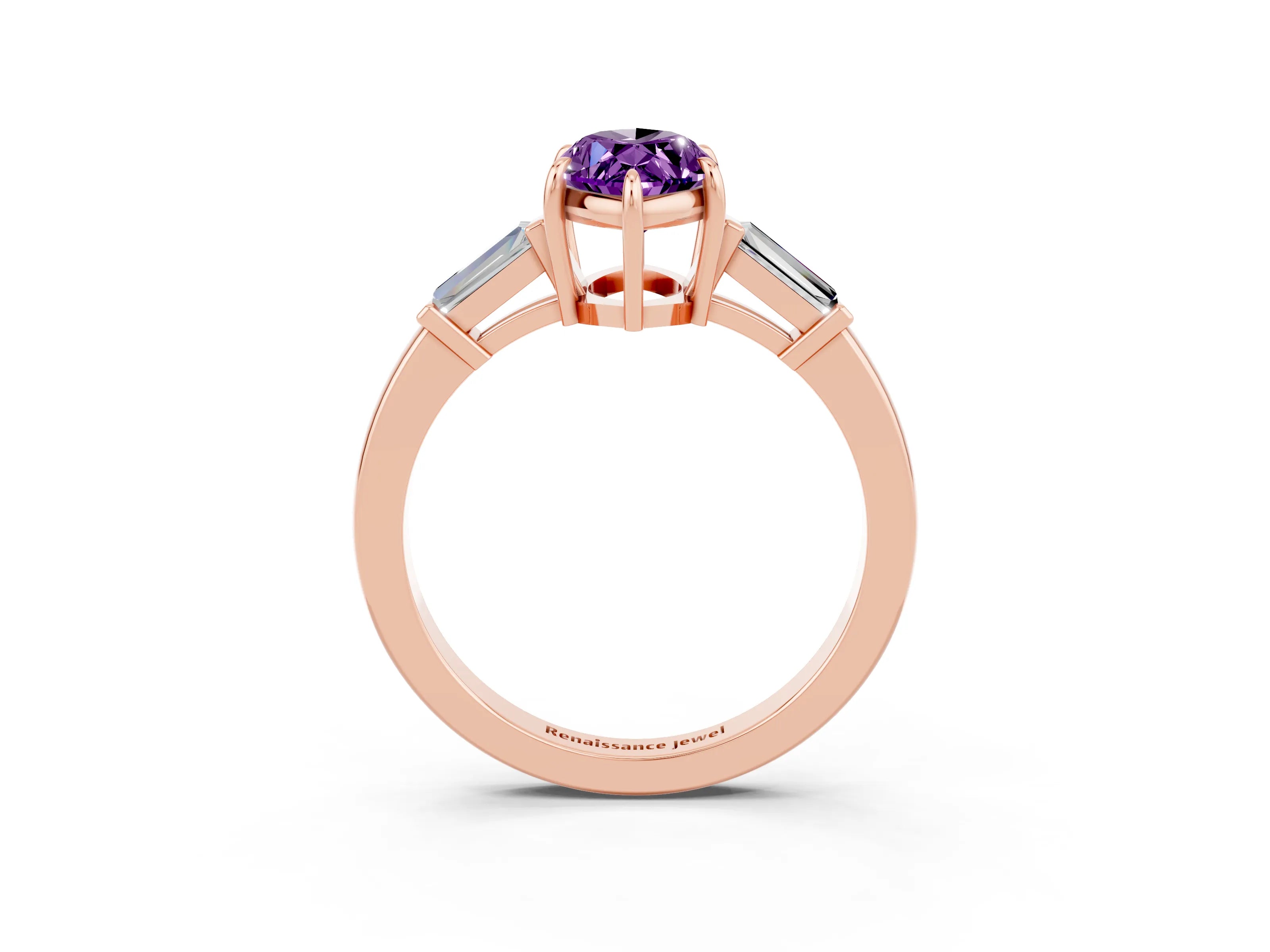 Rose gold Marquise Cut Cut Diamond Ring with Tapered Baguette Side Stones in Four-Prong Setting_3