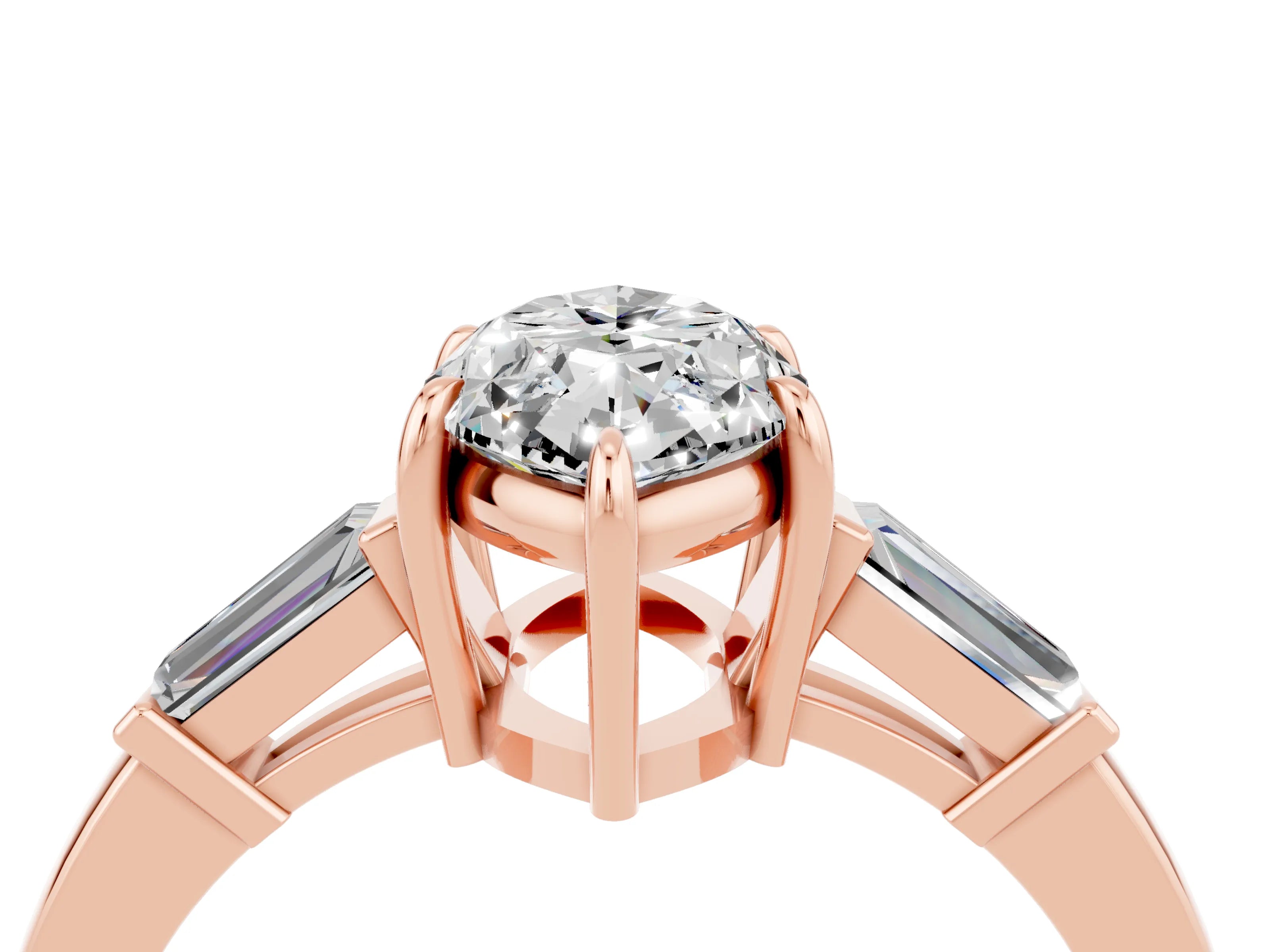 Rose gold Marquise Cut Cut Diamond Ring with Tapered Baguette Side Stones in Four-Prong Setting_4