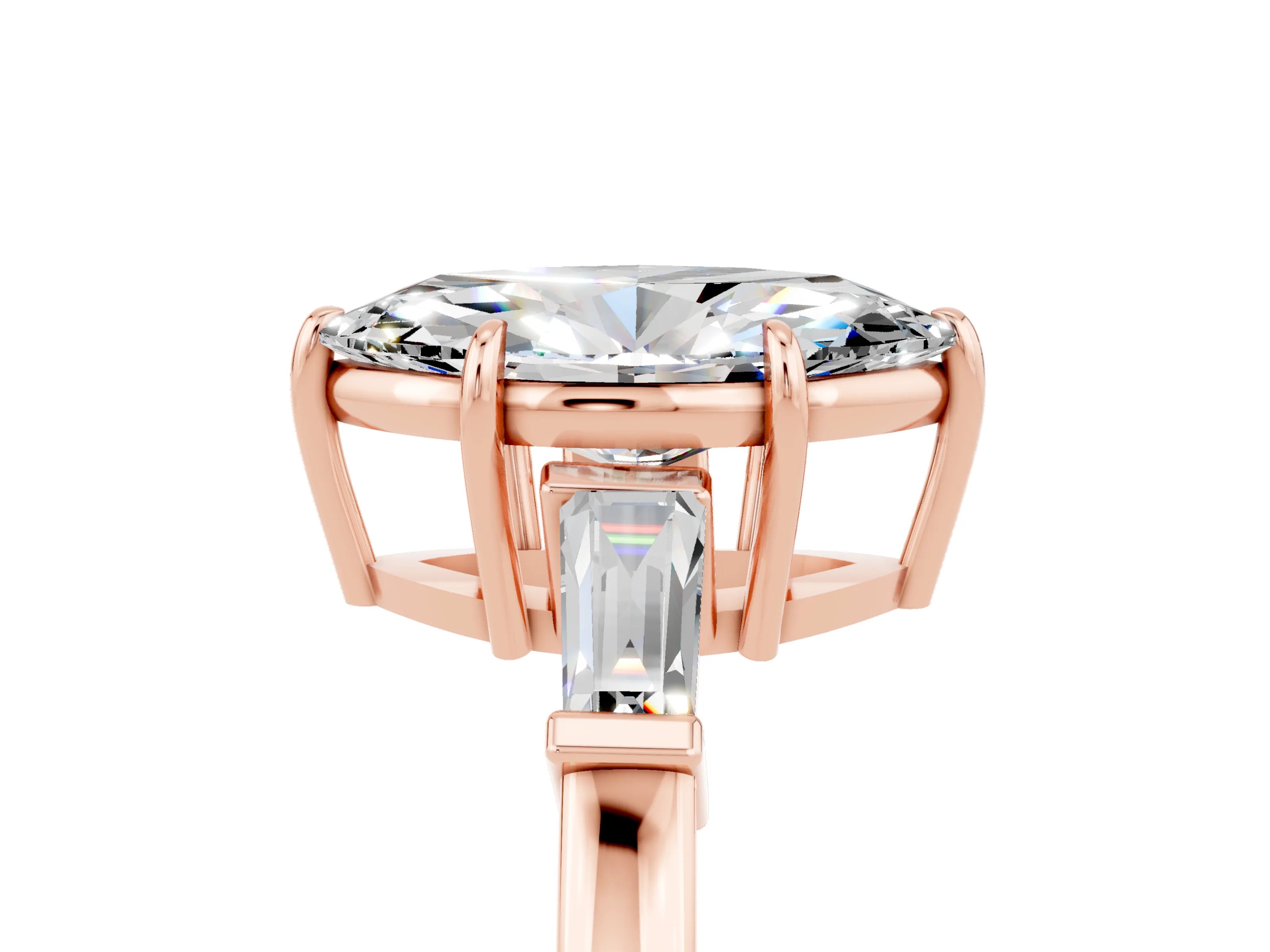 Rose gold Marquise Cut Cut Diamond Ring with Tapered Baguette Side Stones in Four-Prong Setting_5