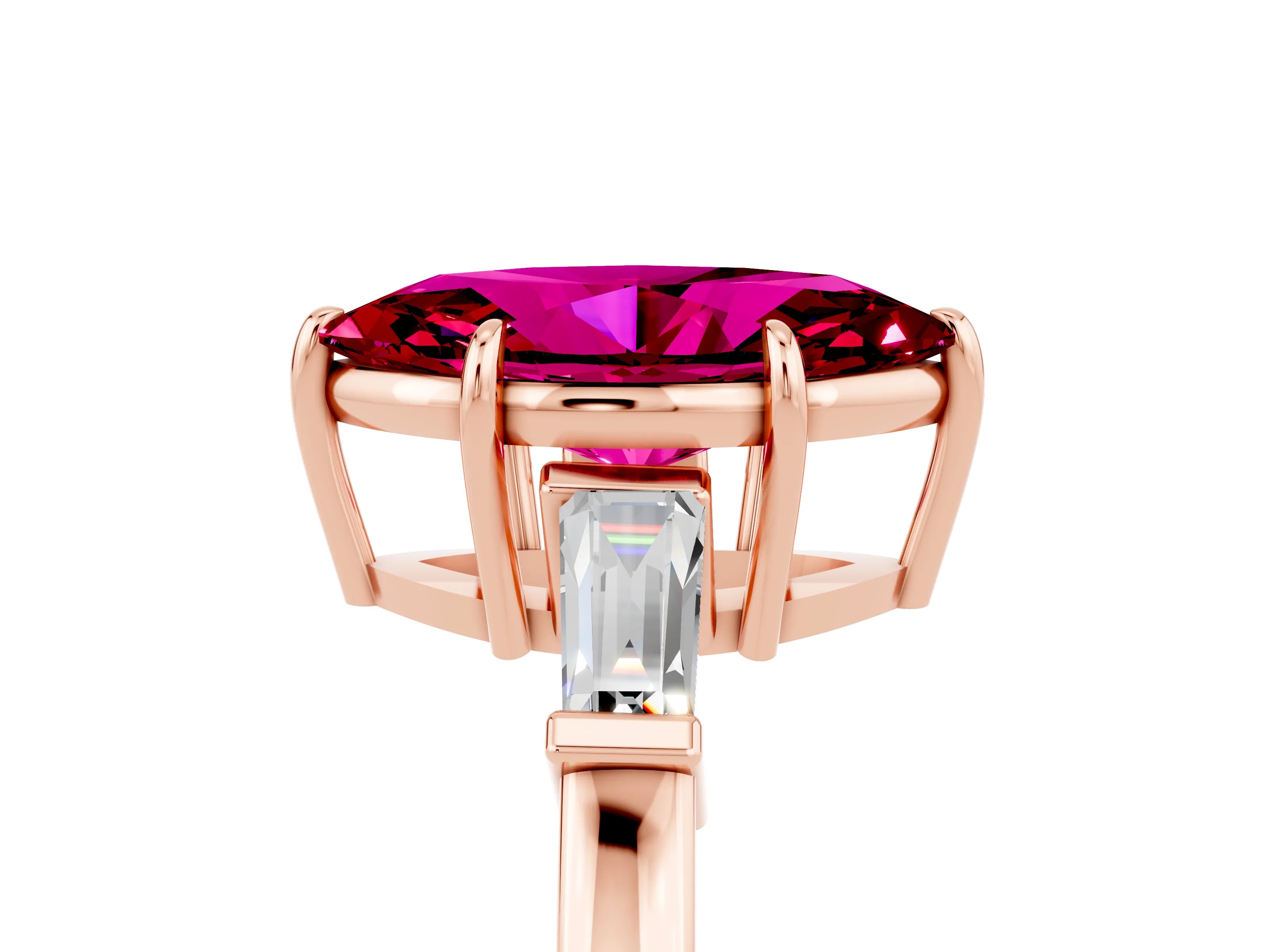 Rose gold Marquise Cut Cut Diamond Ring with Tapered Baguette Side Stones in Four-Prong Setting_5