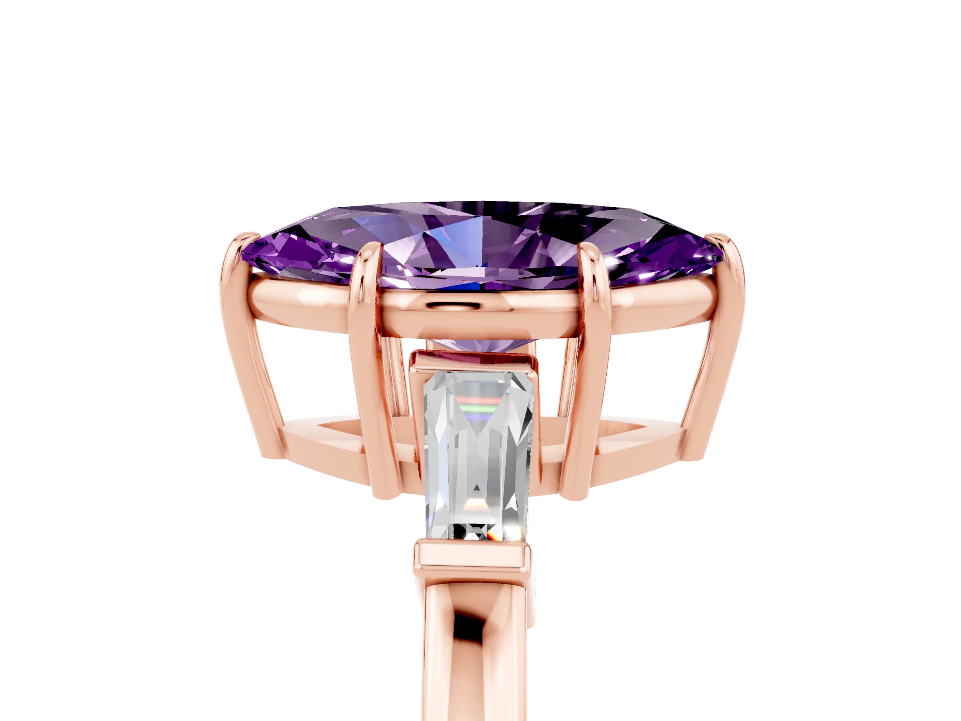 Rose gold Marquise Cut Cut Diamond Ring with Tapered Baguette Side Stones in Four-Prong Setting_5
