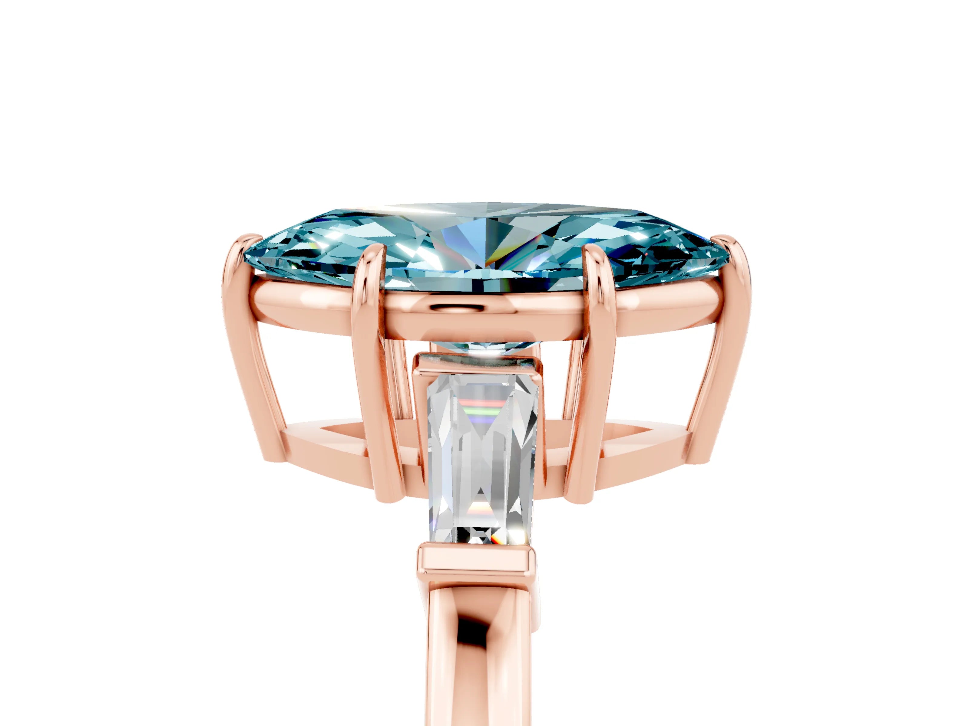 Rose gold Marquise Cut Cut Diamond Ring with Tapered Baguette Side Stones in Four-Prong Setting_5