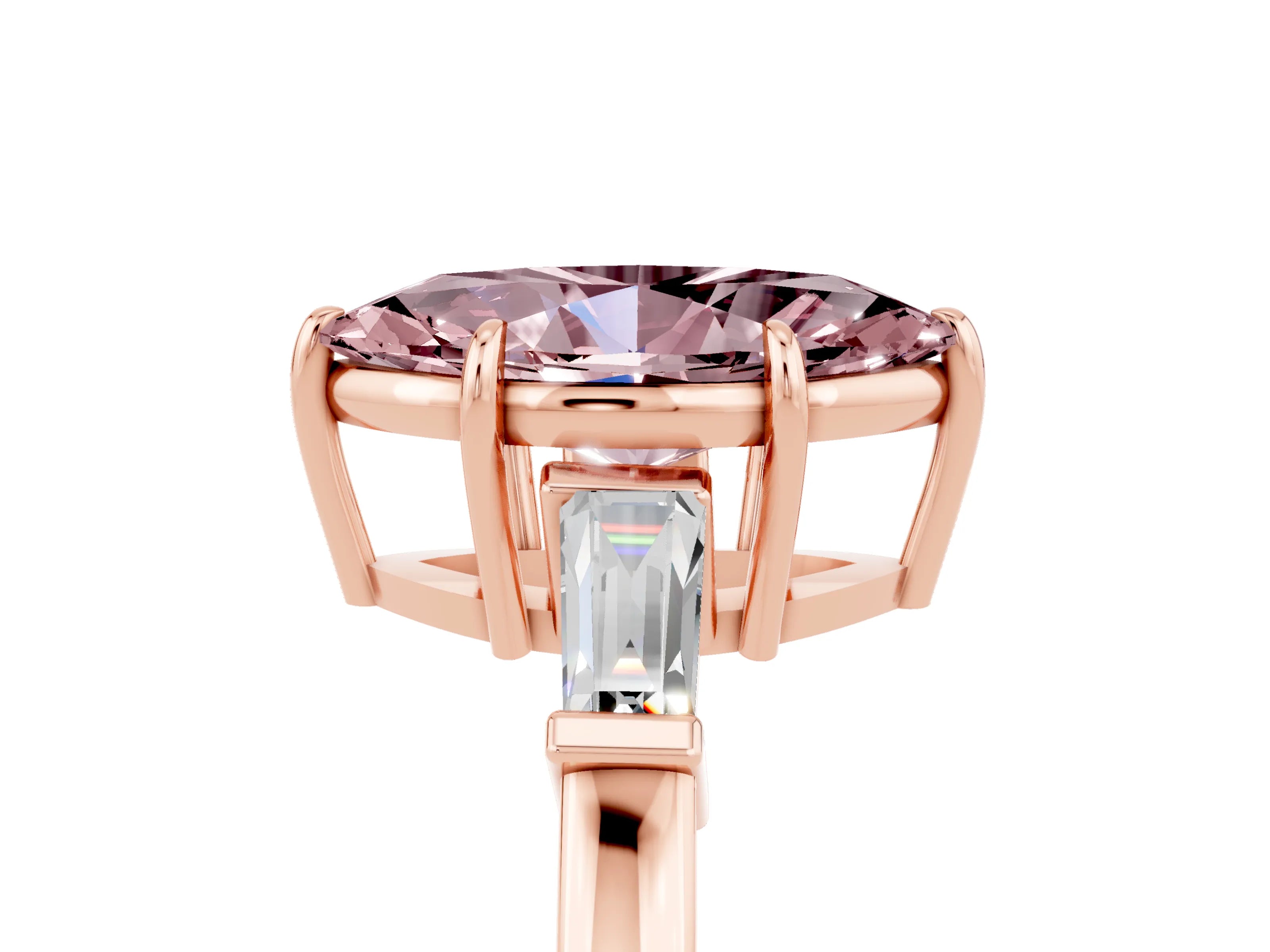 Rose gold Marquise Cut Cut Diamond Ring with Tapered Baguette Side Stones in Four-Prong Setting_5