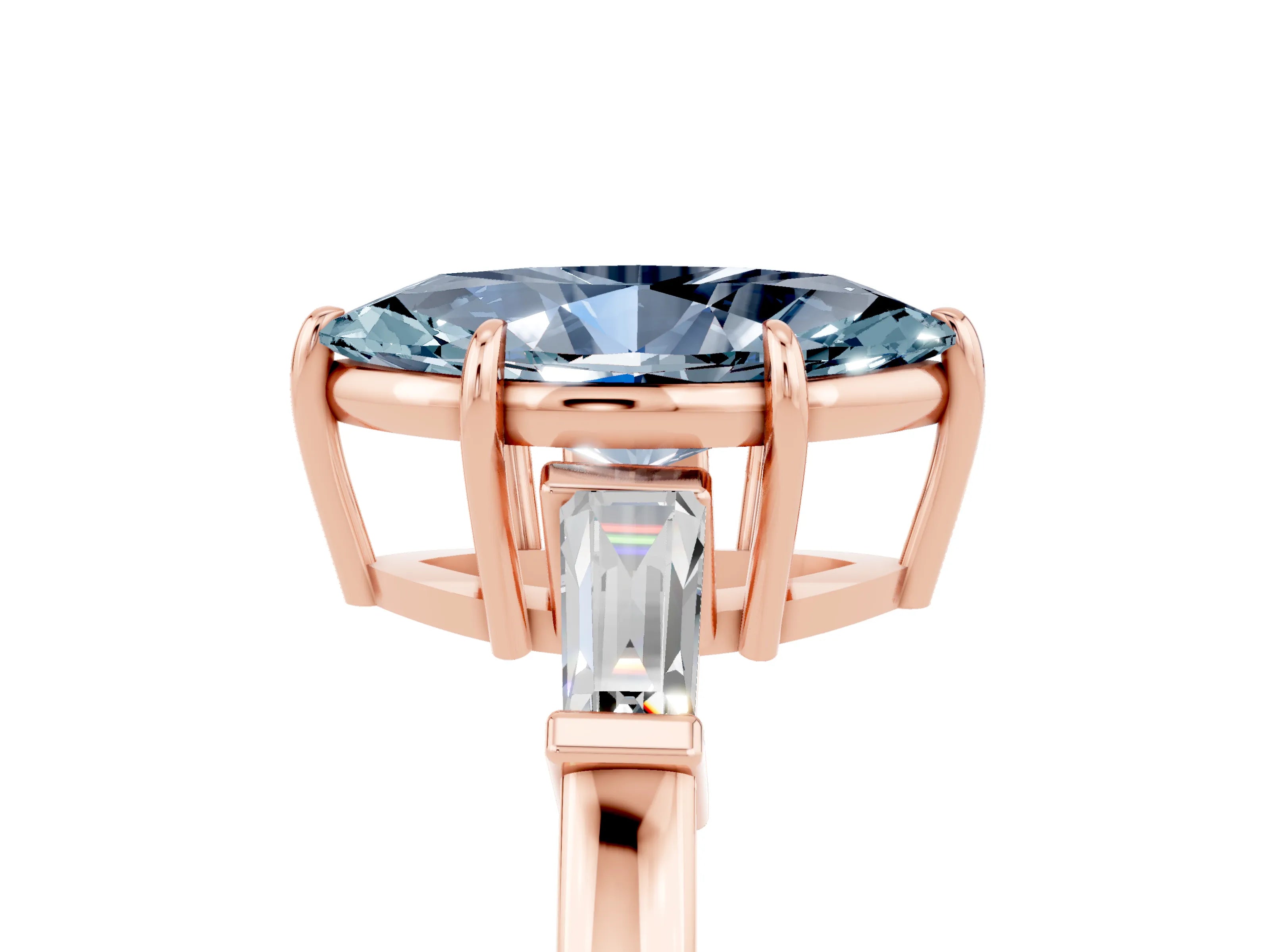 Rose gold Marquise Cut Cut Diamond Ring with Tapered Baguette Side Stones in Four-Prong Setting_5