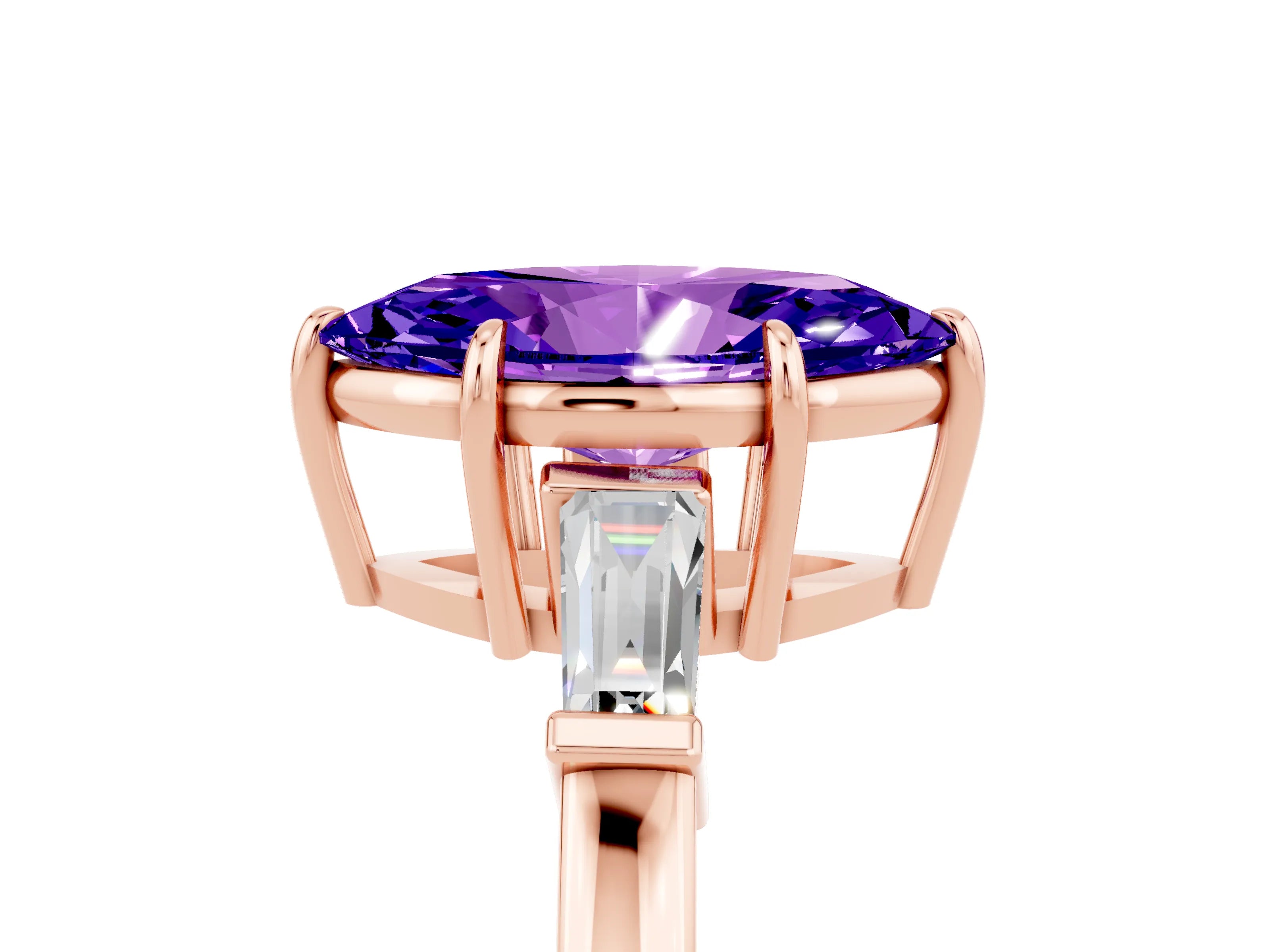 Rose gold Marquise Cut Cut Diamond Ring with Tapered Baguette Side Stones in Four-Prong Setting_5