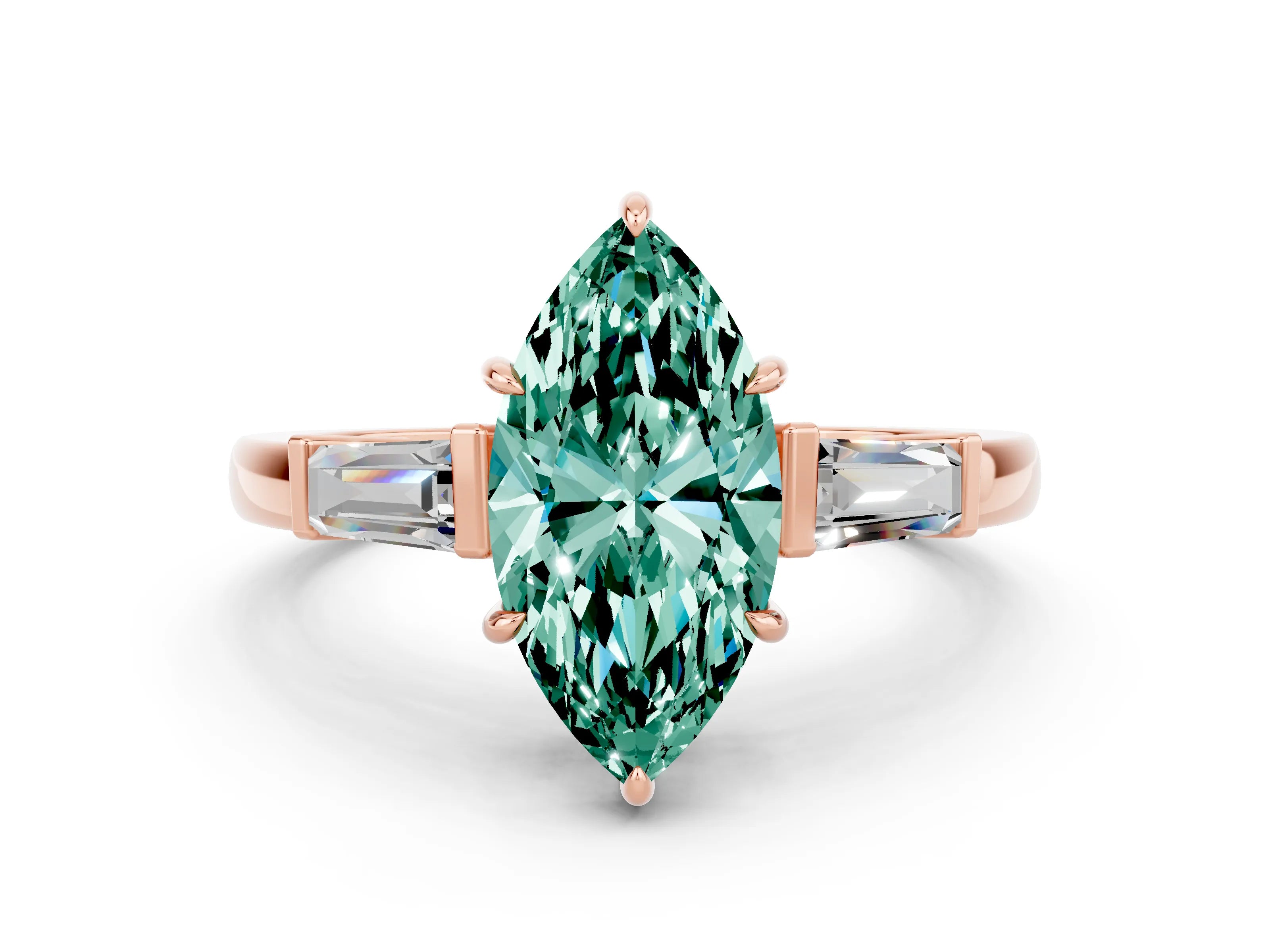 Rose gold Marquise Cut Cut Diamond Ring with Tapered Baguette Side Stones in Four-Prong Setting