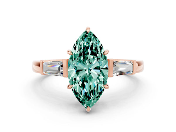 Rose gold Marquise Cut Green Sapphire Three-Stone Ring with Tapered Baguette Side Stones and Prong Setting
