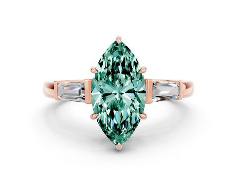 Rose gold Marquise Cut Cut Diamond Ring with Tapered Baguette Side Stones in Four-Prong Setting