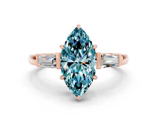 Rose gold Marquise Cut Cut Diamond Ring with Tapered Baguette Side Stones in Four-Prong Setting