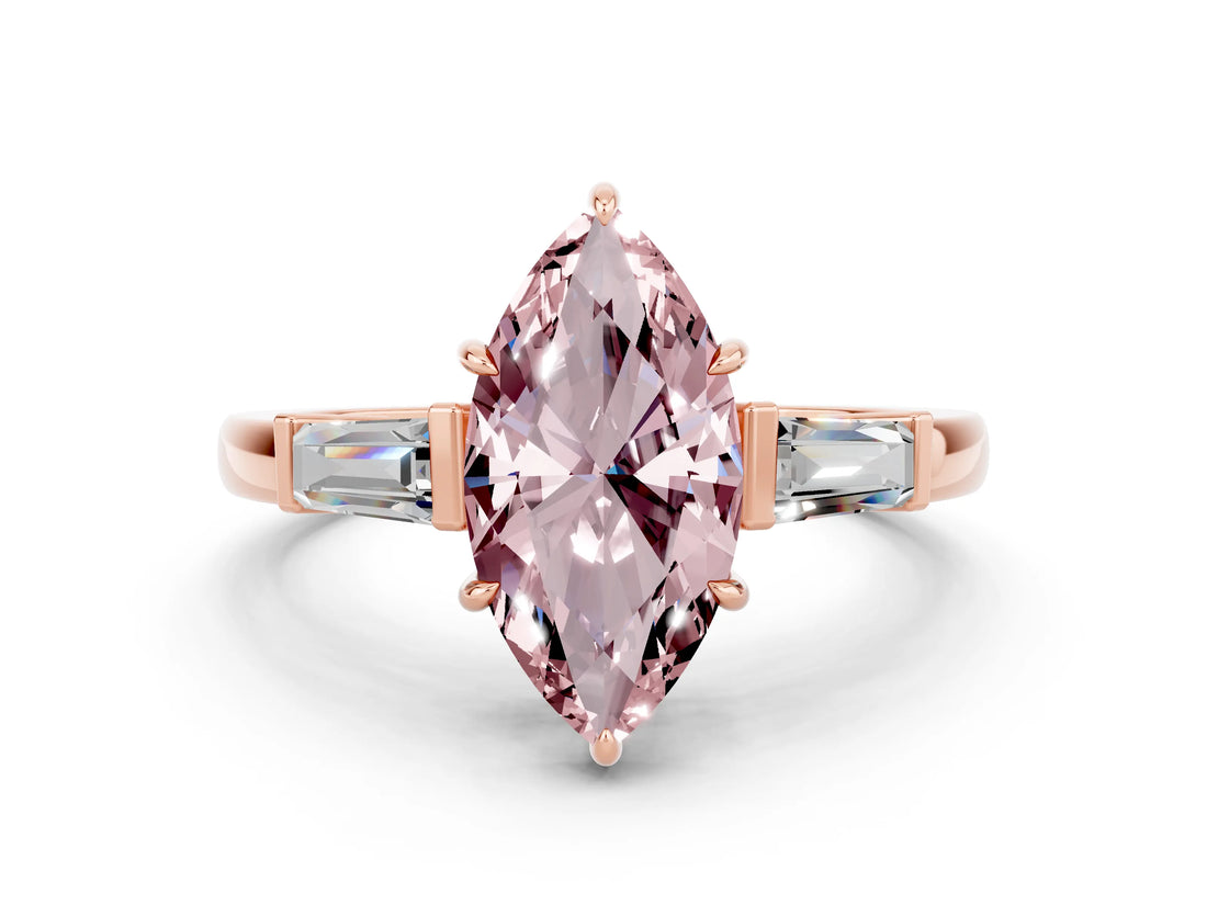 Rose gold Marquise Cut Cut Diamond Ring with Tapered Baguette Side Stones in Four-Prong Setting