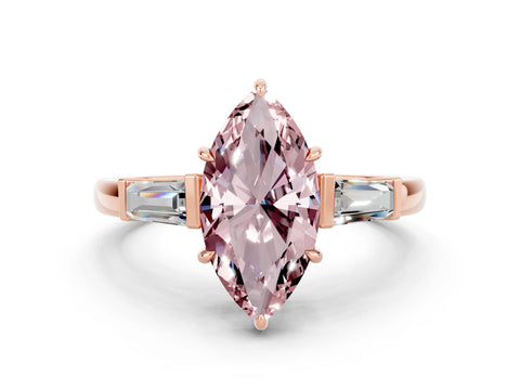 Rose gold Marquise Cut Cut Diamond Ring with Tapered Baguette Side Stones in Four-Prong Setting