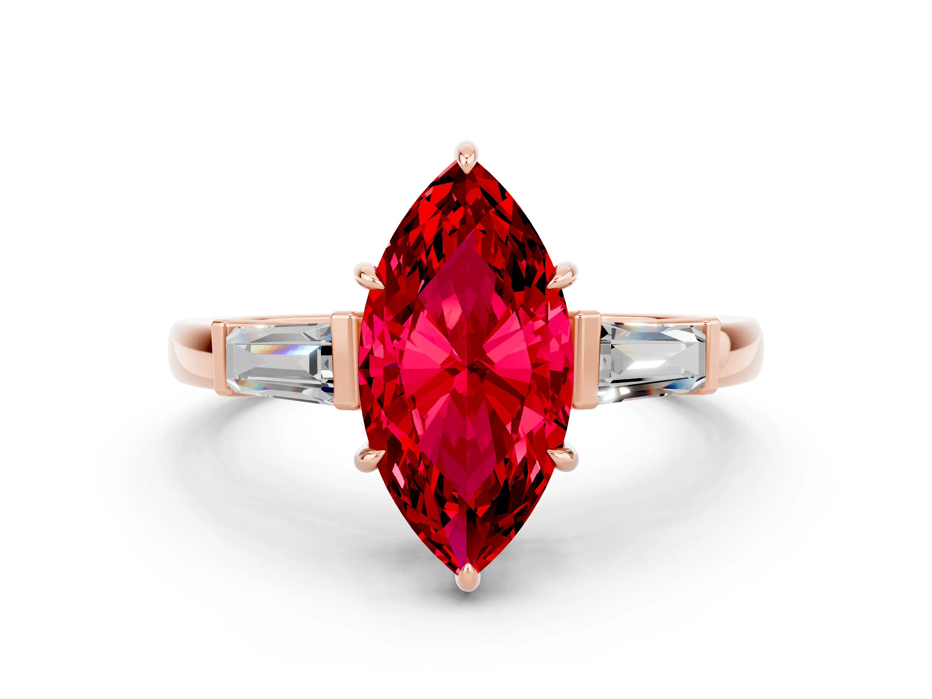 Rose gold Marquise Cut Cut Diamond Ring with Tapered Baguette Side Stones in Four-Prong Setting