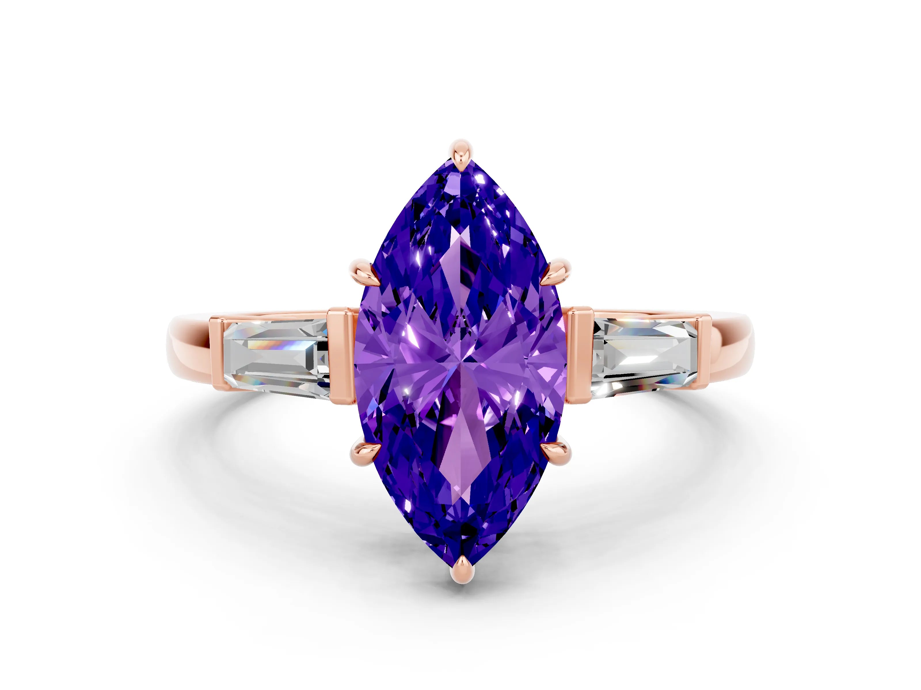 Rose gold Marquise Cut Cut Diamond Ring with Tapered Baguette Side Stones in Four-Prong Setting