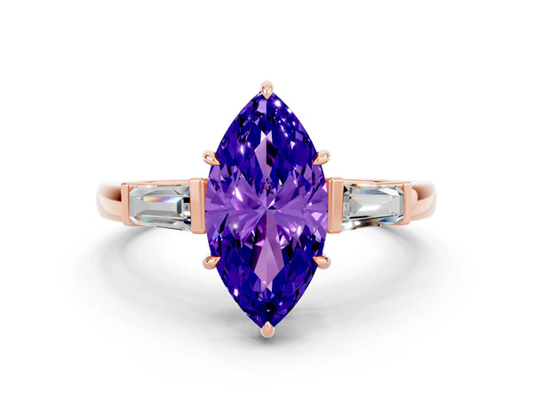 Rose gold Marquise Cut Tanzanite Three-Stone Ring with Tapered Baguette Side Stones and Prong Setting